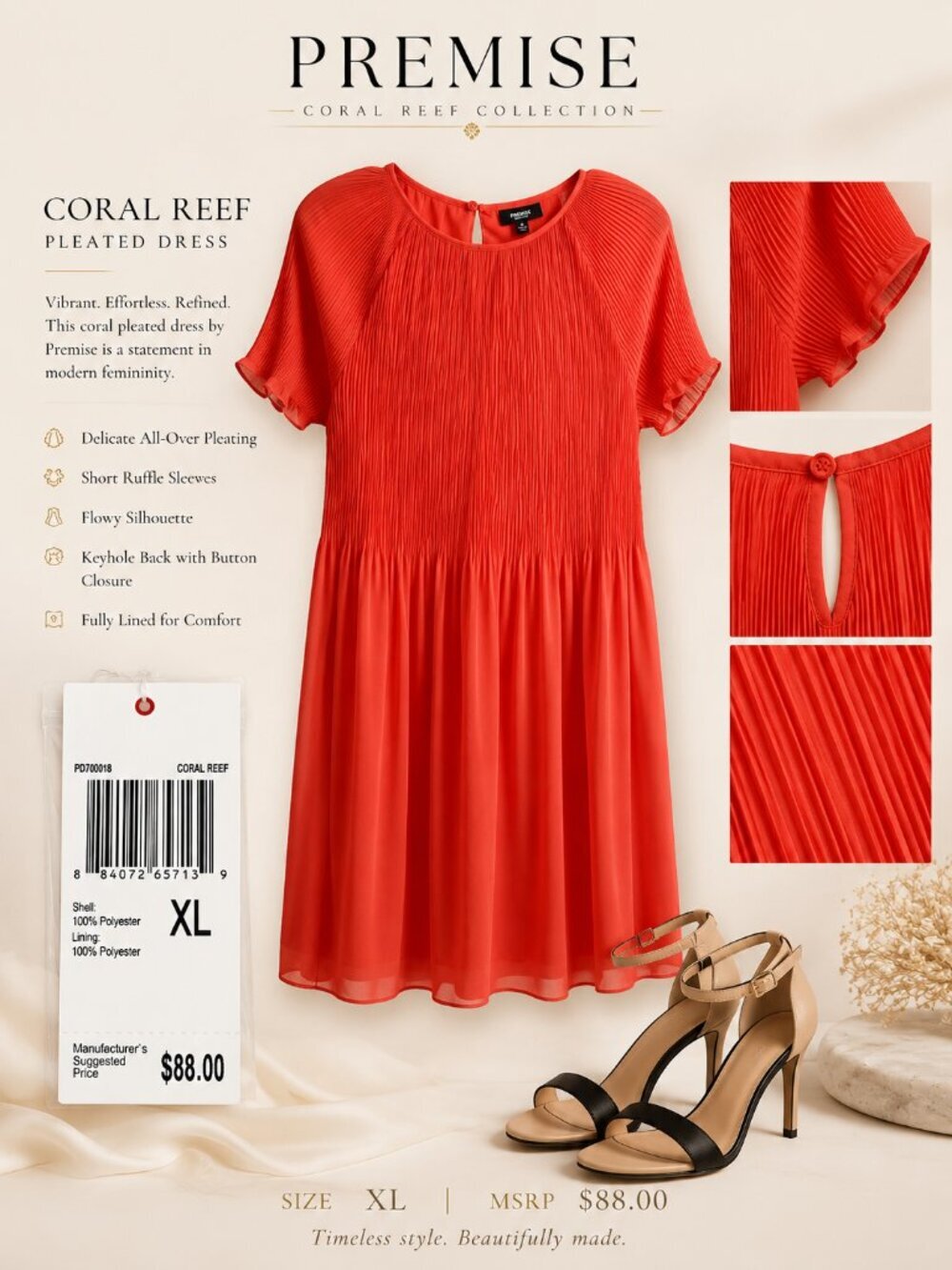 Premise Orange Short Sleeve Pleated Lined Dress Size XL NWT